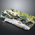 3D Terrain Model Featuring Mountain Ranges Green Vegetation Snowy Areas and Blue Water Bodies