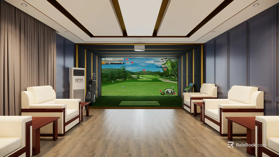 Indoor Golf Simulator Fitness Training Space With Virtual Course And Comfortable Seating Area 3d model 