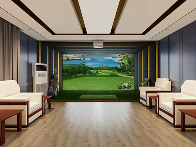 Indoor Golf Simulator Fitness Training Space With Virtual Course And Comfortable Seating Area 3d model