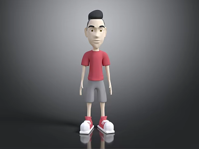 3D Animated Character Wearing Red T-shirt Gray Shorts And White Red Shoes Against Gray Background 3d model