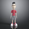 3D Animated Character Wearing Red T-shirt Gray Shorts And White Red Shoes Against Gray Background