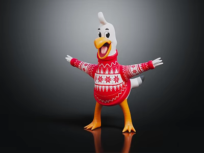 Cartoon Chicken Wearing Red Sweater With White Snowflake Patterns Happy Expression Arms Outstretched Dark Background 3d model