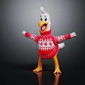 Cartoon Chicken Wearing Red Sweater With White Snowflake Patterns Happy Expression Arms Outstretched Dark Background