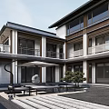 Modern Guesthouse Building With Open Porch Stone Steps Slate Path Pine Trees And Wooden Bench