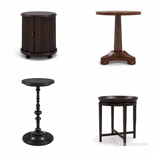 Dark Wooden Round Side Tables With Various Base Designs And Styles 3d model