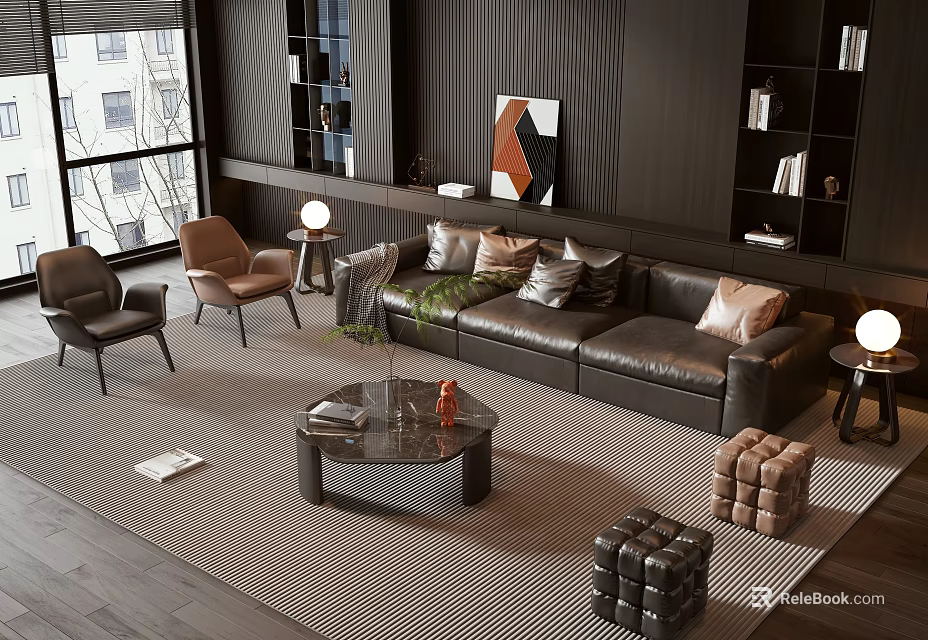 Elegant Modern Living Room Sofa And Coffee Table Set With Leather Upholstery Marble Top Decorative Pillows 3d model 