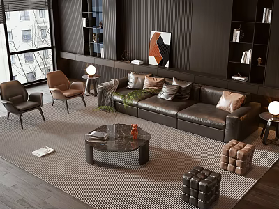Elegant Modern Living Room Sofa And Coffee Table Set With Leather Upholstery Marble Top Decorative Pillows 3d model