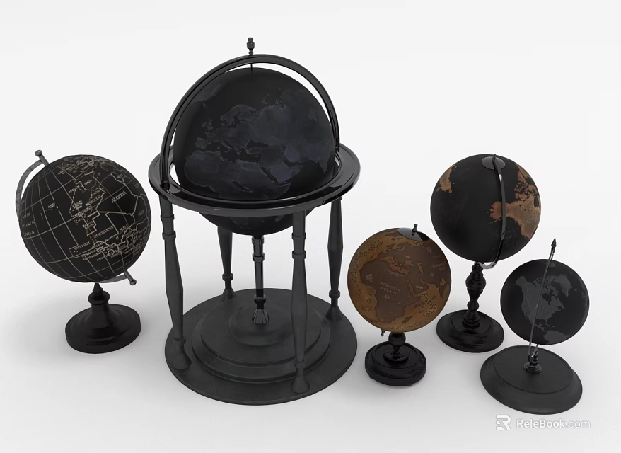 Various Sizes Decorative Globe Ornament Collection With Black Brown Designs And Stands 3d model 