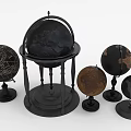 Various Sizes Decorative Globe Ornament Collection With Black Brown Designs And Stands