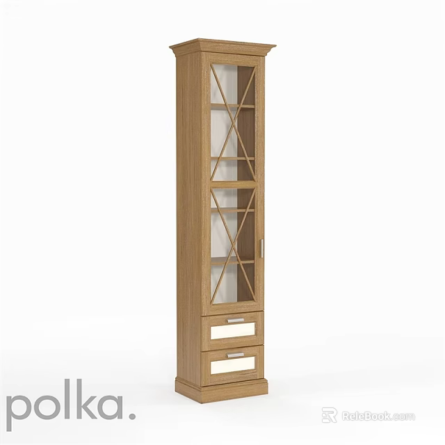 Tall Wooden Storage Cabinet With Glass Doors And Drawers For Home Organization 3d model 