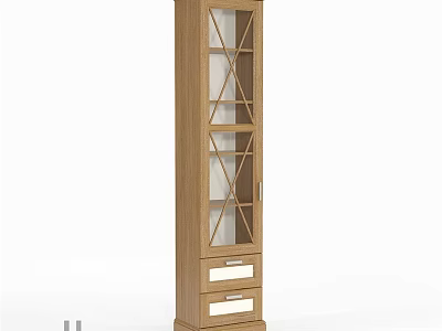 Tall Wooden Storage Cabinet With Glass Doors And Drawers For Home Organization 3d model