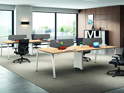 Modern Office Interior With Ergonomic Chairs Wooden Desks Divider Screens And Natural Light 3d model
