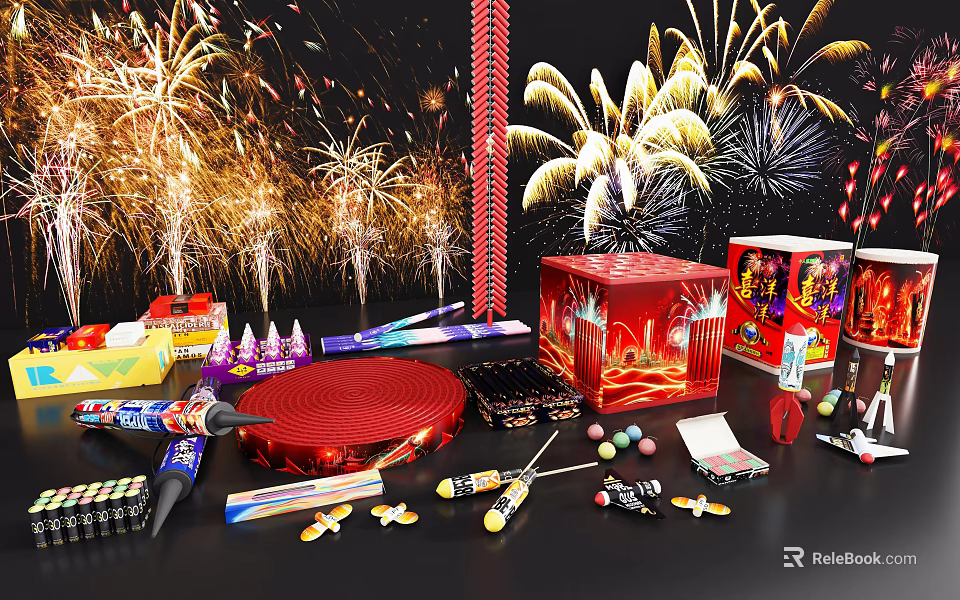 Festive Firework Display With Red Firecrackers Boxes And Various Pyrotechnic Products For Celebration Events 3d model 