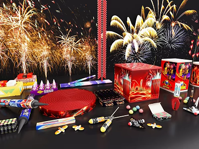 Festive Firework Display With Red Firecrackers Boxes And Various Pyrotechnic Products For Celebration Events 3d model