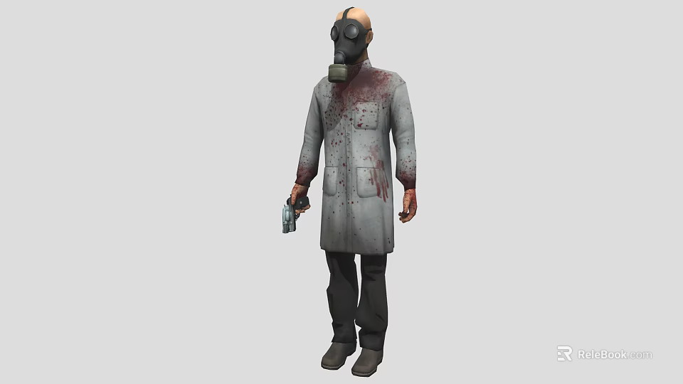 Game Movie Character Wearing Gas Mask With Bloody Lab Coat Holding Gun 3d model 