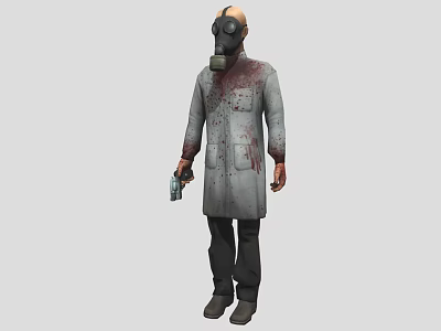 Game Movie Character Wearing Gas Mask With Bloody Lab Coat Holding Gun 3d model