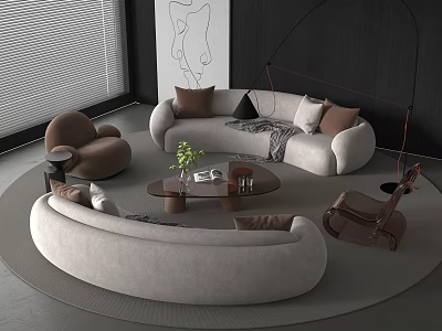 Modern Curved Sofa And Coffee Table Set With Throw Pillows Armchair And Rug 3d model