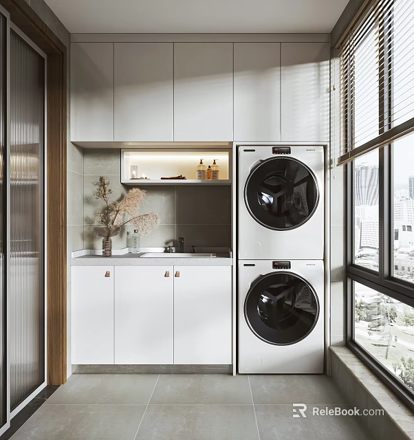 Modern Home Balcony Featuring White Cabinets Stacked Washer Dryer Black Doors Window and City View 3d model 