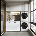 Modern Home Balcony Featuring White Cabinets Stacked Washer Dryer Black Doors Window and City View