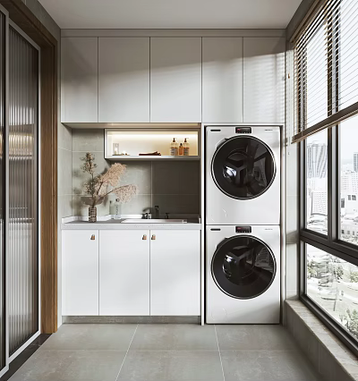 Modern Home Balcony Featuring White Cabinets Stacked Washer Dryer Black Doors Window and City View 3d model