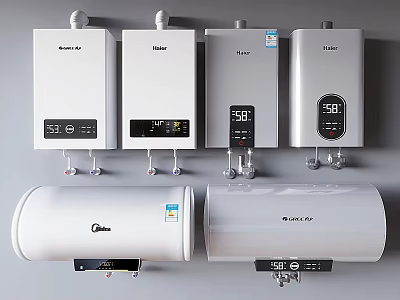 Daily Use Electrical Appliances Including Wall Mounted And Cylindrical Water Heaters With Digital Displays 3d model