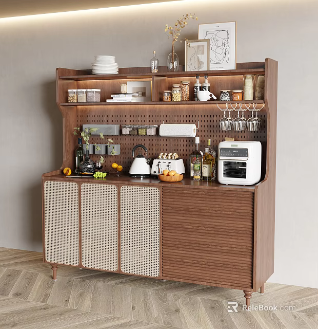 Modern Wooden Sideboard With Rattan Doors Glasses And Small Appliances On Top 3d model 