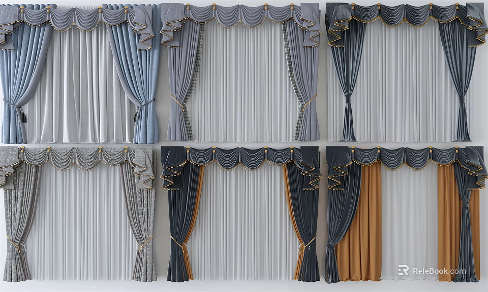 Elegant Multi Colored Curtains With Pleated Design And Decorative Valance Tiebacks 3d model