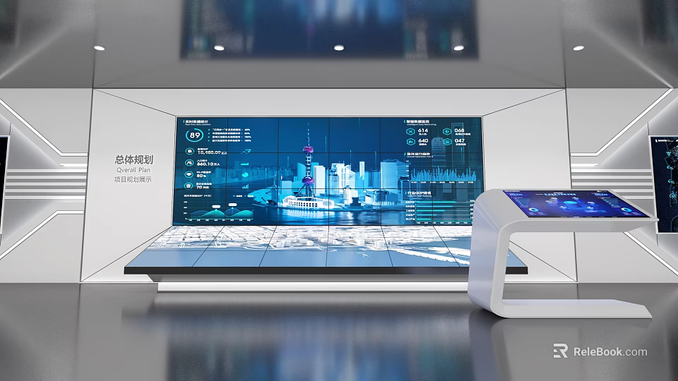 Modern Technology Exhibition Hall Featuring Large Screen City Night View Data Display And Control Console 3d model 