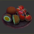Fresh Red Tomatoes With Green Stems On Blue Plate And Sliced Vegetable Rolls