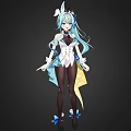 Anime Woman With Blue Green Long Hair White Blue Outfit Rabbit Ears And Black Stockings