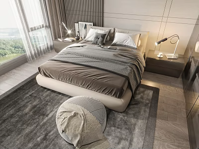 Modern Bedroom Interior With Double Bed Bedside Tables Lamps Gray Rug And Window View 3d model
