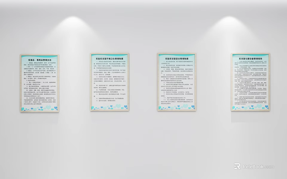Four Blue Bordered Information Boards With Text Content On White Wall 3d model 