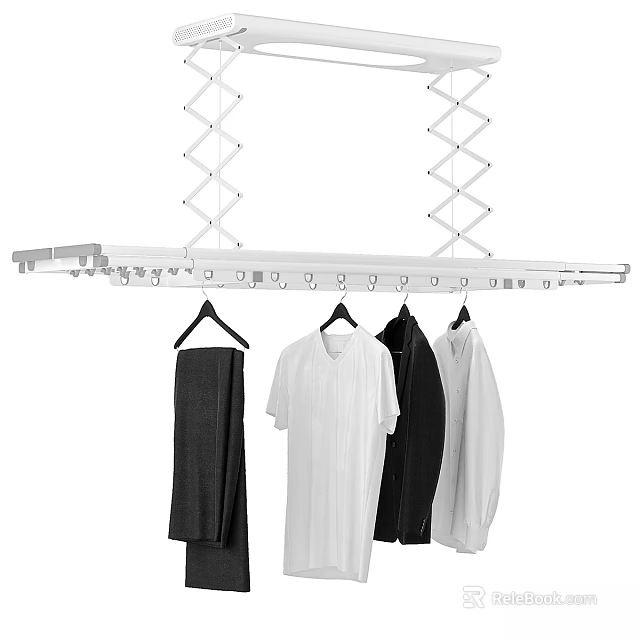 Wall Mounted Aluminum Drying Rack With Clothes Hangers And Hanging Clothes 3d model 