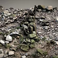Rugged Rocky Terrain With Scattered Pebbles Green Vegetation Wooden Stakes And Chain