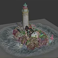 Cozy Wooden House On Rocky Island With Lighthouse Ocean Waves And Red Buoy