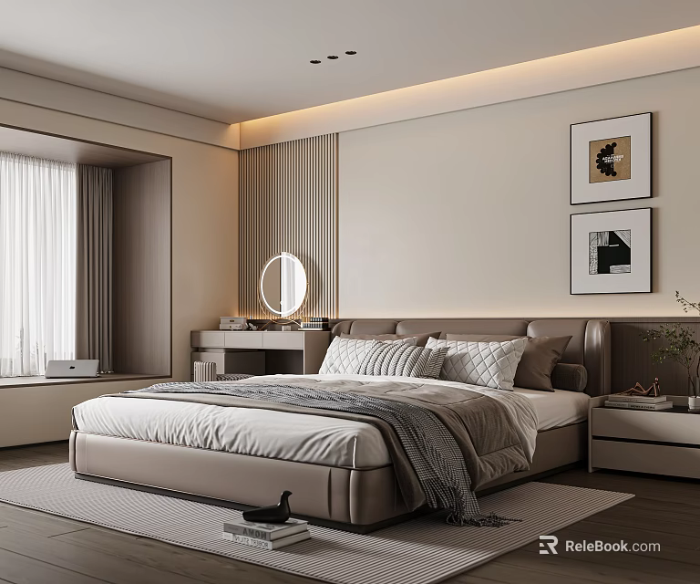 Modern Bedroom Interior Design With King Bed Framed Wall Art Round Mirror And Nightstand 3d model 