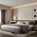 Modern Bedroom Interior Design With King Bed Framed Wall Art Round Mirror And Nightstand