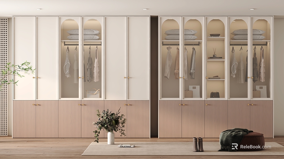 White And Light Wood Modern Wardrobe With Glass Doors Hanging Rods And Potted Plant 3d model 