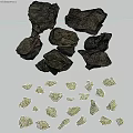 Moss Covered Rocks and Natural Wood in Water with Reflective Surfaces and Smooth Edges