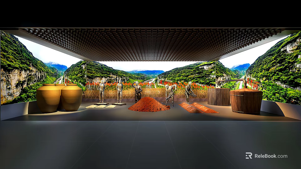 Traditional Brewing Scene With Workers Using Pottery Jars Against Lush Mountain Landscape 3d model 