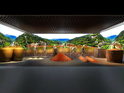 Traditional Brewing Scene With Workers Using Pottery Jars Against Lush Mountain Landscape 3d model