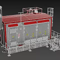 Industrial Equipment Unit With Red Frame White Body Warning Signs Metal Railings And Stairs