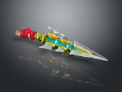 Ornate Decorative Dagger With Red Handle Green Gold Accents Sharp Metallic Blade And Reflective Surface 3d model