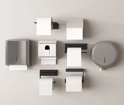 Modern Bathroom Accessories Including Wall Mounted Toilet Paper Holders And White Gray Tissue Boxes 3d model