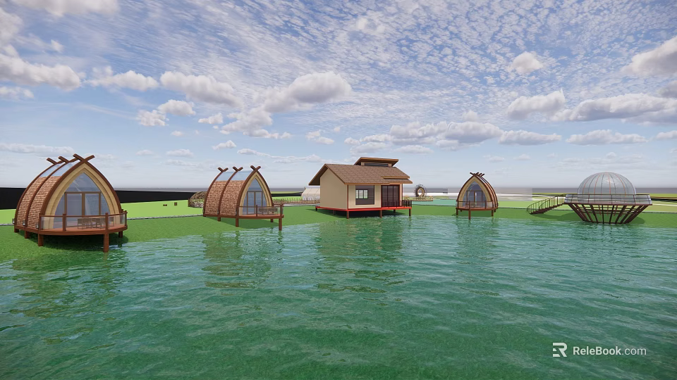 Scenic Waterfront Floating Bungalows With Dome Shaped And Traditional Roof Designs 3d model 
