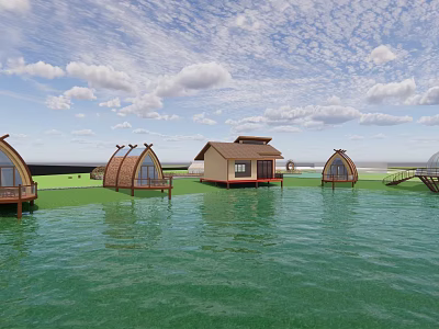 Scenic Waterfront Floating Bungalows With Dome Shaped And Traditional Roof Designs 3d model