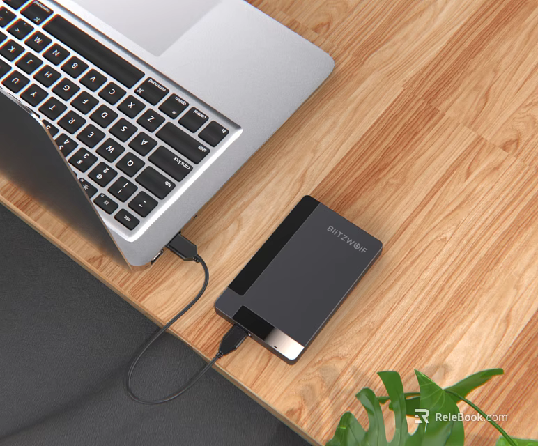 Silver Laptop Connected To Anker Power Bank On Wooden Desk With Green Plant 3d model 