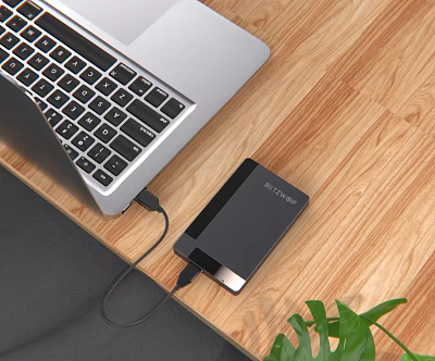 Silver Laptop Connected To Anker Power Bank On Wooden Desk With Green Plant 3d model