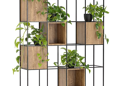Decorative Garden Shelf With Multilayer Wooden Metal Frame And Green Plants Hanging Vines 3d model