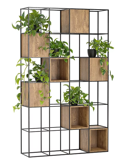 Decorative Garden Shelf With Multilayer Wooden Metal Frame And Green Plants Hanging Vines 3d model